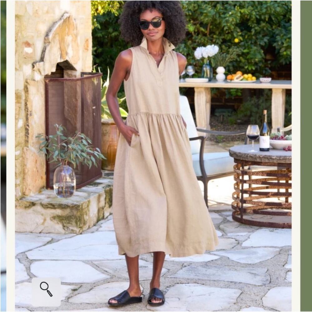 Frank & Eileen Daphne Sleeveless Dress In Biscuit Washed Linen Maxi Size Large